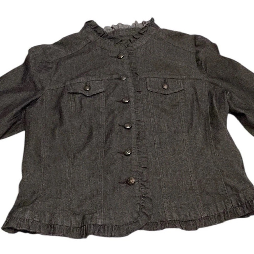 Sandro Paris Ruffle Denim Jacket Women Large Dark Wash‎ Button Front Feminine